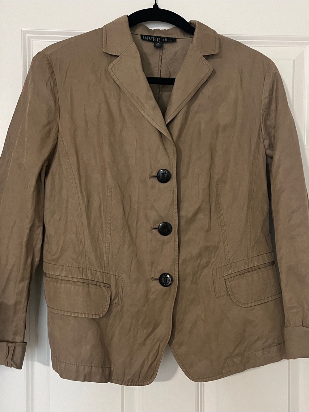 Lafayette 148 New York Lightweight Taupe Crinkle Blazer with Anchor Buttons Sz 8